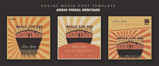 Set of social media post template with retro typography concept for audio visual heritage design