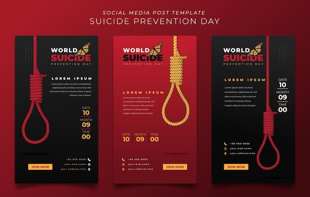 Set of social media post template with rope and butterfly for suicide prevention day design