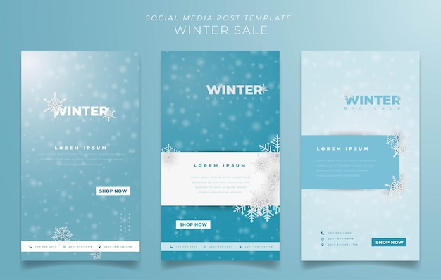 겨울 날 판매 디자인을 위한 강설 배경이 있는 소셜 미디어 포스트 템플릿 세트