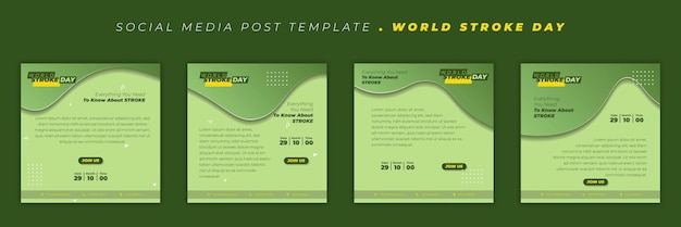 Набор шаблонов сообщений в социальных сетях с развевающимся зеленым фоном для дизайна шаблона Всемирного дня инсульта