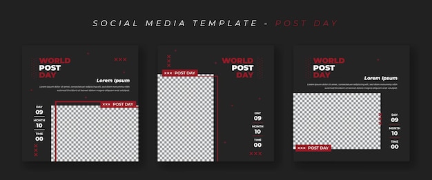 Set di modelli di post sui social media per la campagna della giornata mondiale della posta con sfondo nero