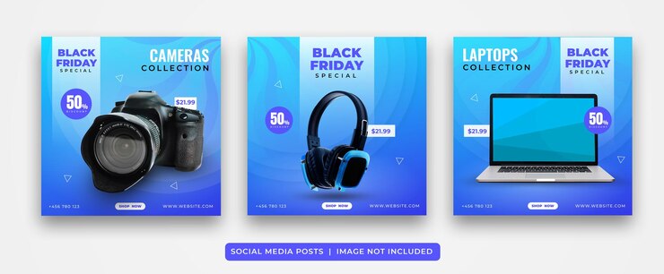 Vector ガジェットまたは製品販売バナーの青色と動的背景のソーシャルメディア投稿のセット