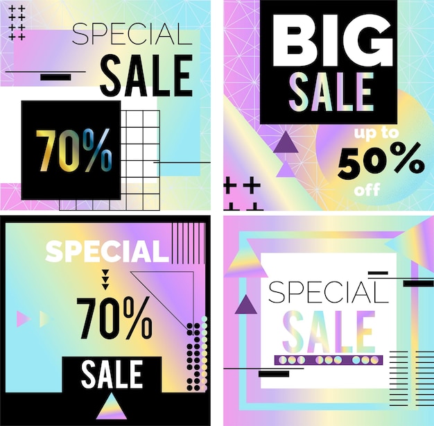 Set of social media sale post holographic templates