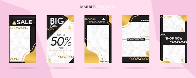 Set of social media stories template pack with luxury trendy marble texture