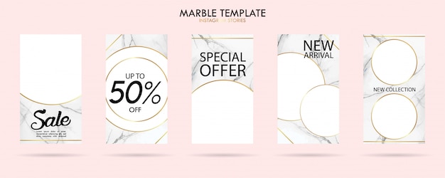 Set of social media stories template pack with luxury trendy marble texture