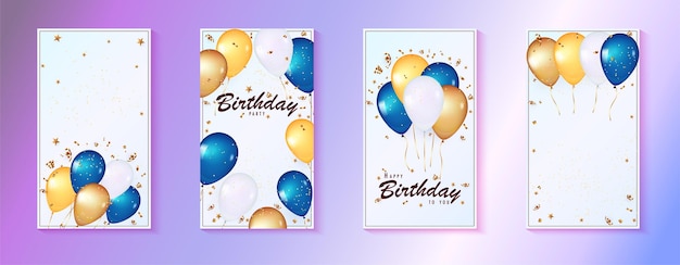 Set Social media story template with 3d balloons, explosion of gold confetti, streamers and stars.