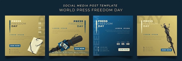 Vettore set di modelli di social media in oro e sfondo quadrato blu per il design della giornata mondiale della libertà di stampa