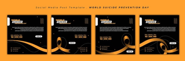 Set of social media template for Suicide Prevention Day with ribbon and Black yellow background
