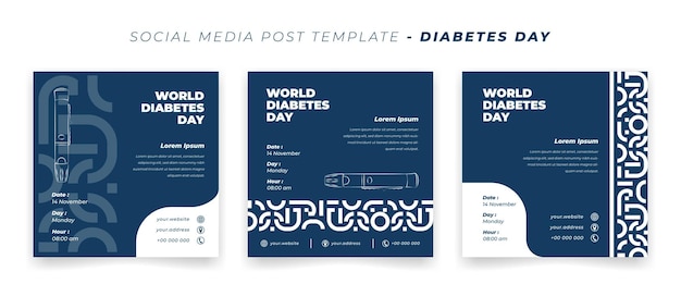 Set di modelli di social media con ornamento semplice su sfondo blu per il design della giornata mondiale del diabete