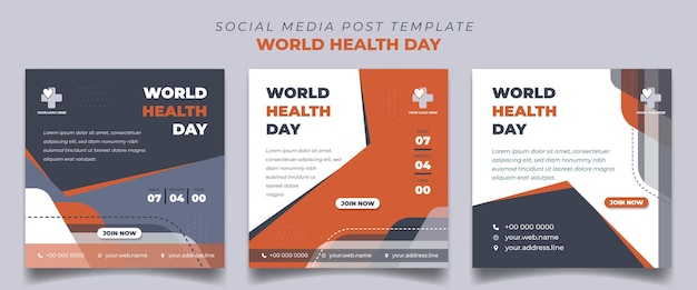 Set of social media template for world health day with white orange and dark gray background