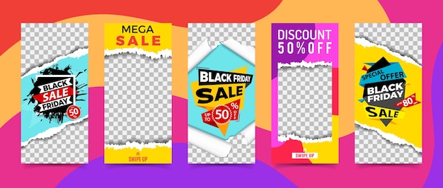 Vector set social network stories. transparent photo frames with torn paper texture. sale banner  template black friday. shop brand promotion.