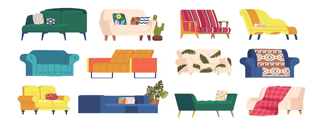 異なるデザインのソファとソファ、キルティングボタンの房状の室内装飾品、アームレスト、木製の細い脚、柔らかいシートのセット。古典的なスタイルの家具、白い背景で隔離の漫画ベクトルラウンジ