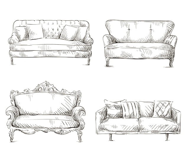 Set of sofas drawings sketch style, vector illustration