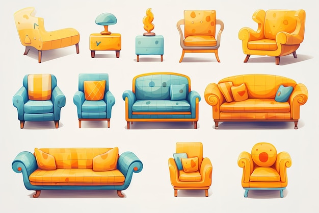 Набор диванов в плоском дизайне мультфильма Стильный набор иллюстрированных диванов