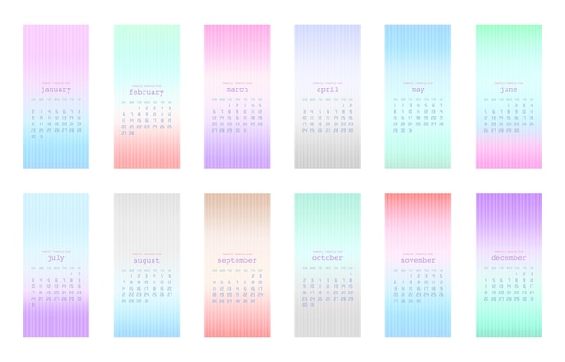 Set of soft color gradient background with 2022 calendar. week starts from sunday. vector illustration.