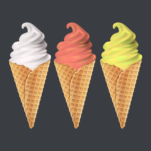 Set of soft ice cream waffled cone in black background vector illustration