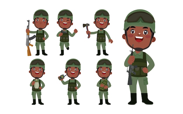 Vector set of soldier with different poses