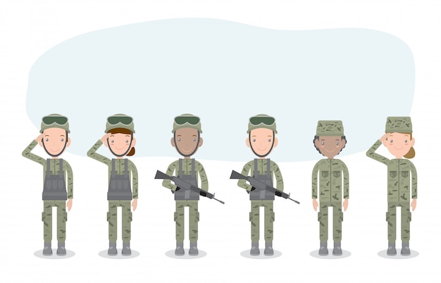 Set of soldiers. men and women. flat cartoon character  isolated on white . us army , soldiers isolated  illustration.