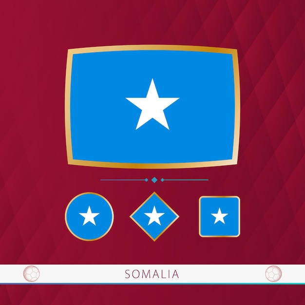 Set of Somalia flags with gold frame for use at sporting events on a burgundy abstract background