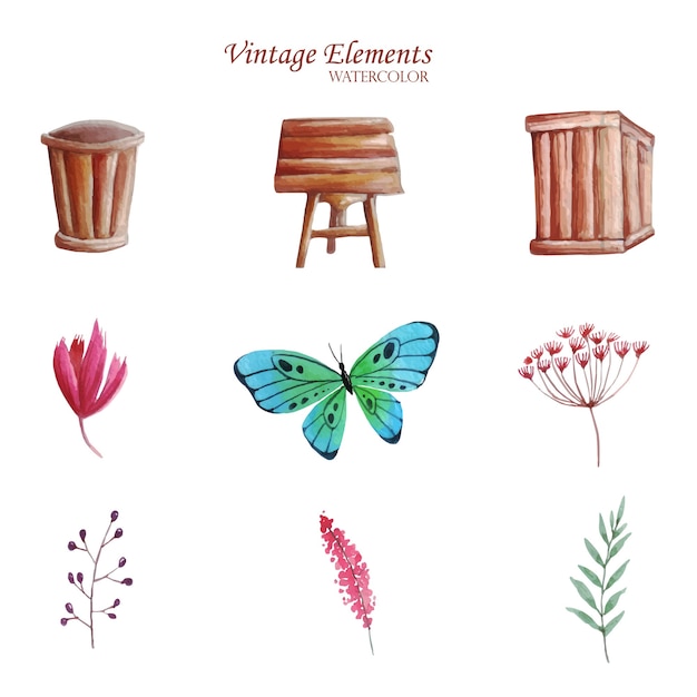 Set of some vintage watercolor elements