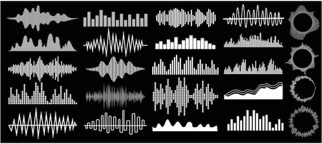 Вектор Настроить звуковые вибрационные волны в разных формах, установить изолированные элементы, установить вибрационную и волнистую линию