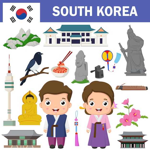 Set of South Korea famous landmarks