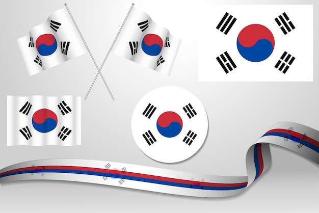 Set of south korea flags in different designs icon flaying flags with ribbon with background