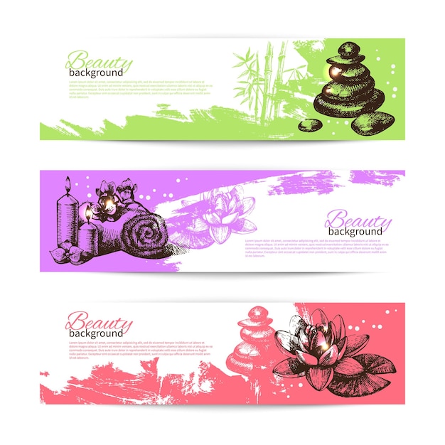 Set spa-banners. vintage handgetekende schets vectorillustraties