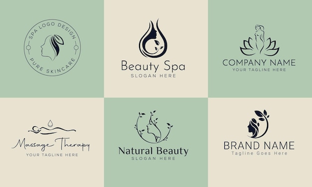 Set di elementi spa con logo disegnato a mano con logo corpo e foglie per terapia di massaggio spa e salone