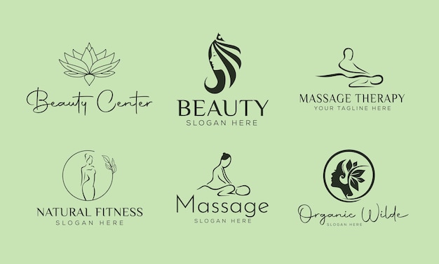 Vector set spa-element handgetekend logo met lichaam en bladerenlogo voor spa- en salonmassagetherapie