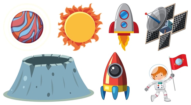Set di personaggi e oggetti dei cartoni animati spaziali