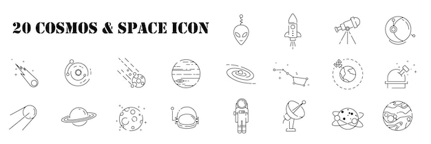 Набор космических или космических иконок векторной иллюстрации в стиле контура для наклеек и фона веб-страницы