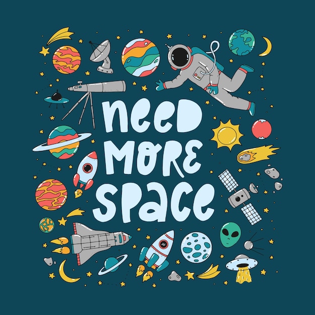 Set of space doodles and lettering quote