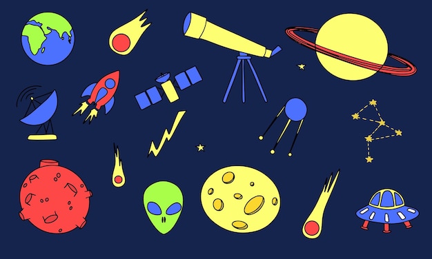 Set of space element on dark blue background. Telescope, planet, Earth, moon, comet, satellite, spac