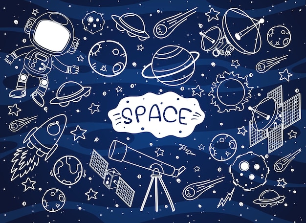 Set of space element doodle isolated on galaxy background