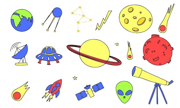 Set of space elements in doodle style. Planets, satellites, UFO, spaceship, alien, rocket.