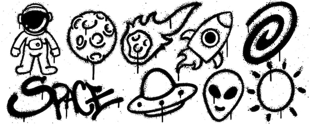 Vector set space graffiti spray paint collection of astronaut planets rocket ufo aliens sun isolated vector