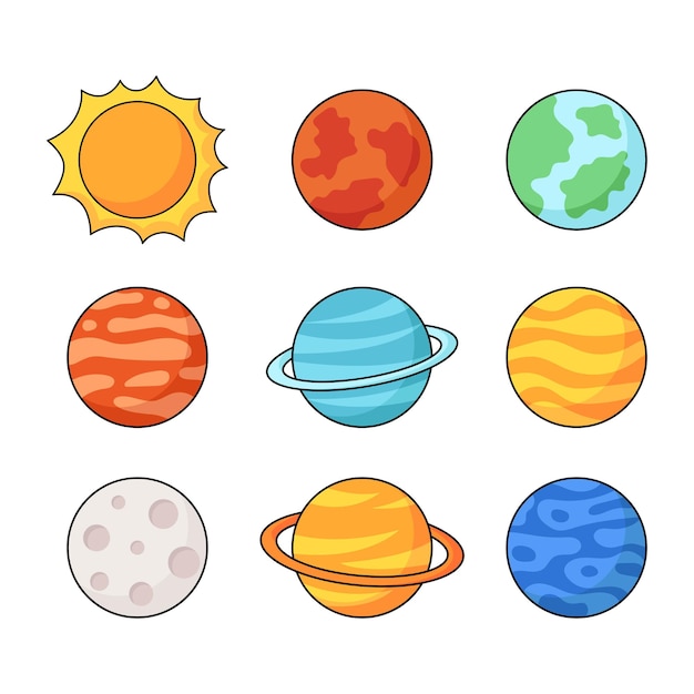 set of space icons planets cartoon style isolated on white background