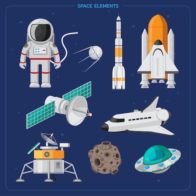 set space icons set of colorful cartoon space elements aliens planets asteroids spaceships universe.