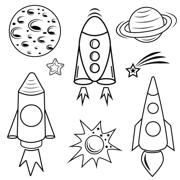 Vector a set of space isolated icons of planets satellites ufos and rockets vector illustration