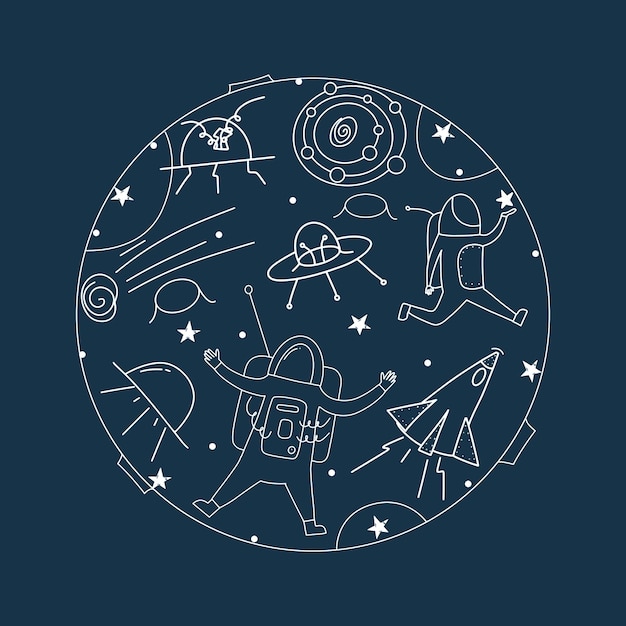 Set of space objects in doodle style Astronaut rocket meteor Vector illustration