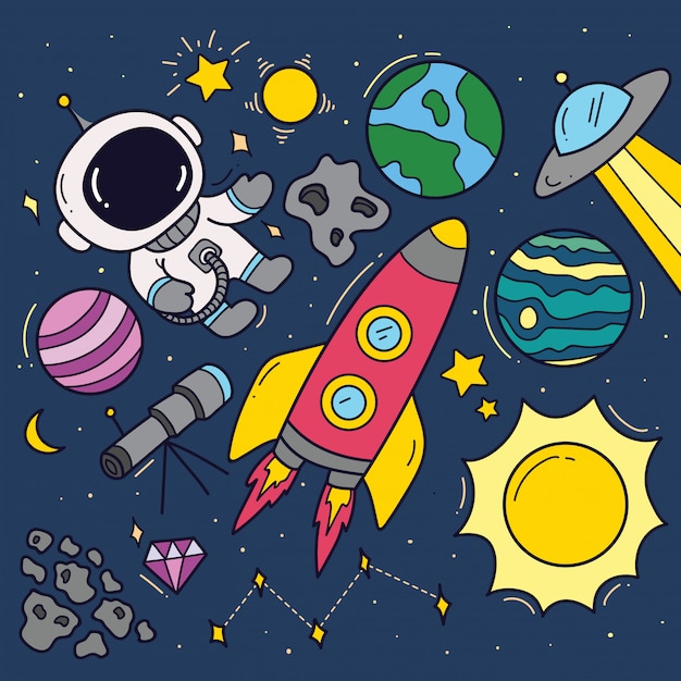 Set of space theme cartoon doodles