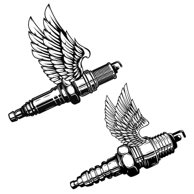 Vector set of spark plug with wings.  elements for logo, label, emblem, sign.  illustration