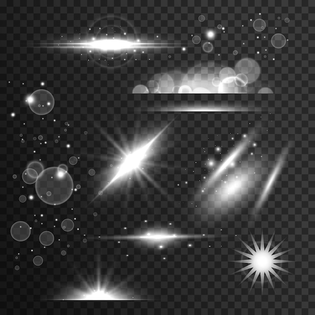Set of sparkles, light effect and lens flare in transparent style