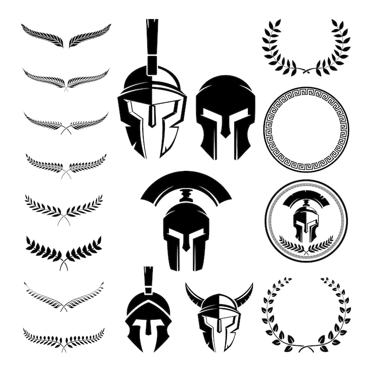 Vector set of the spartan warriors helmets and design elements for emblems create design elements for logo label emblem sign vector illustration