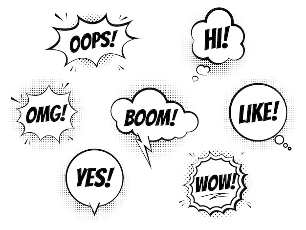 Vector set of speech bubbles for comics on a white background, cool sound of explosion and shock, imitation of halftone imprint texture