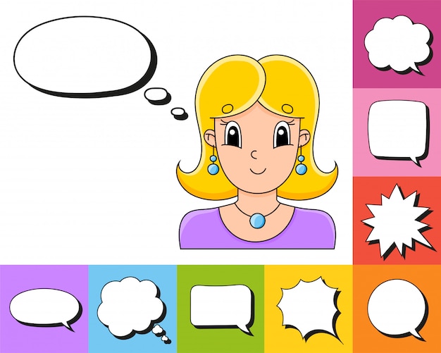 Set of speech bubbles of different shapes with a cute cartoon character.