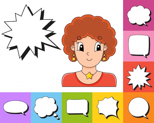 Set of speech bubbles of different shapes. With a cute cartoon character.