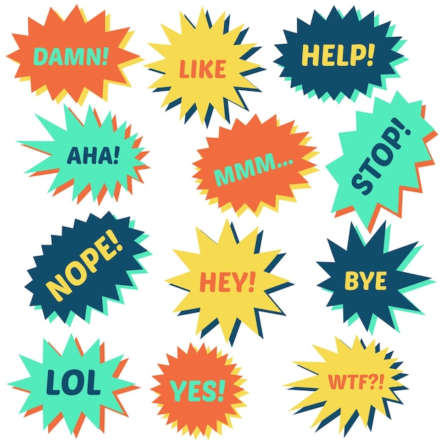 Vector set of speech bubbles on a white background with different inscriptions in the middle. speech bubbles with short phrases. vector illustration.