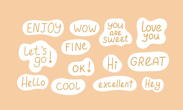 set of speech bubbles with phrases quotes compliments peach fuzz background cartoon icons stickers vector